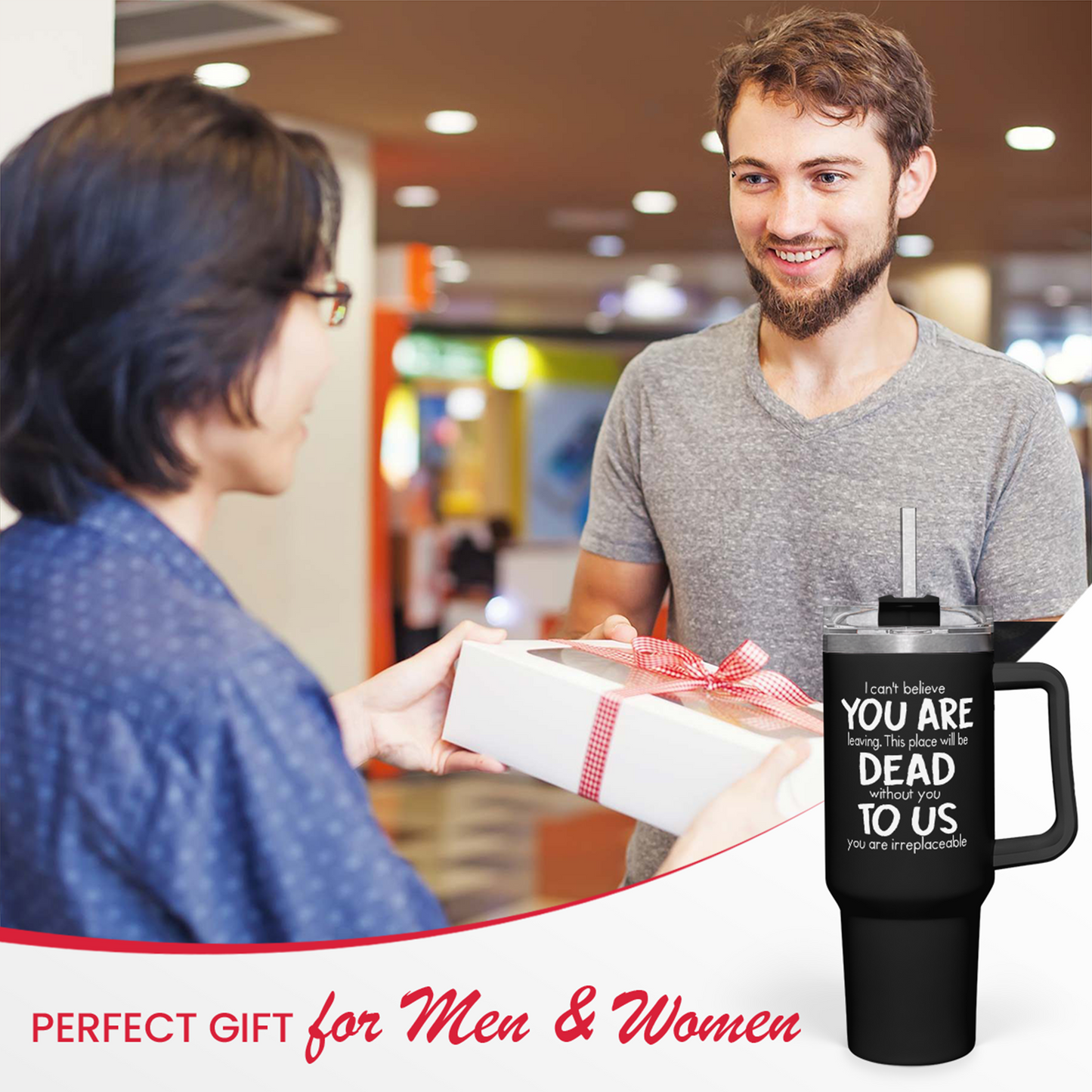 Black handled tumbler with clear lid and straw, suitable gift for daily desk or travel.
