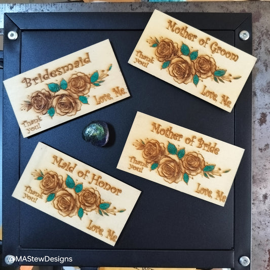 Floral wedding magnet set with teal-and-tan roses, thank-you notes, four pieces
