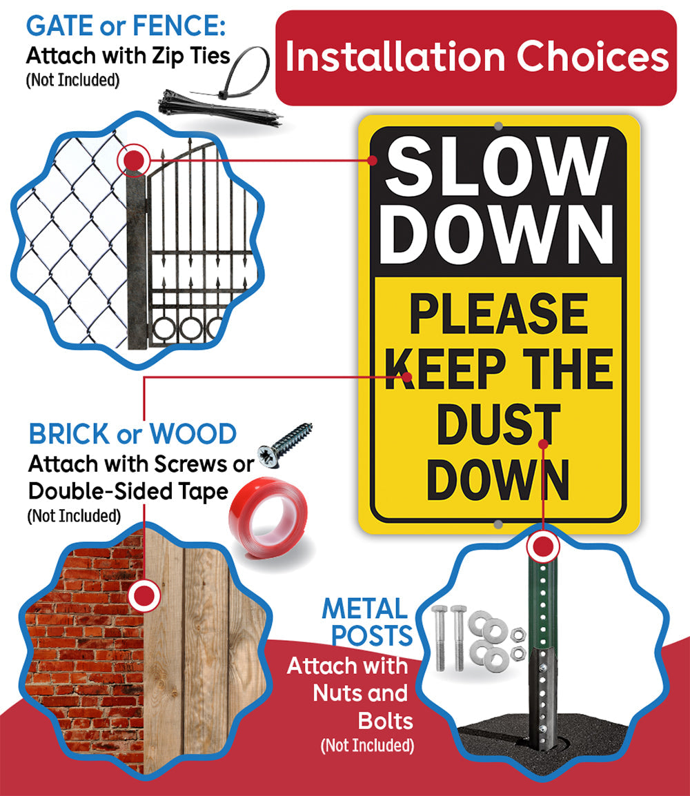 Installation choices graphic for “SLOW DOWN” dust sign with gate or fence mounting