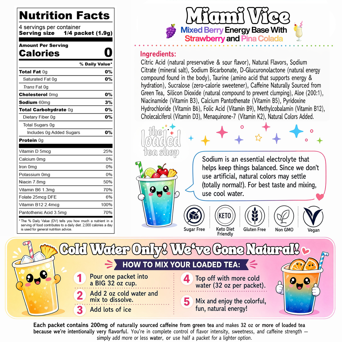 Nutrition facts panel and how-to-mix chart for berry loaded tea drink stick