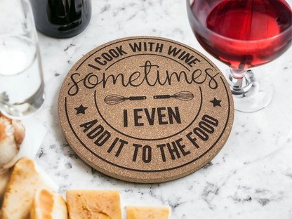 Round cork coaster with 'Sometimes' script, utensil icon, and stars on border