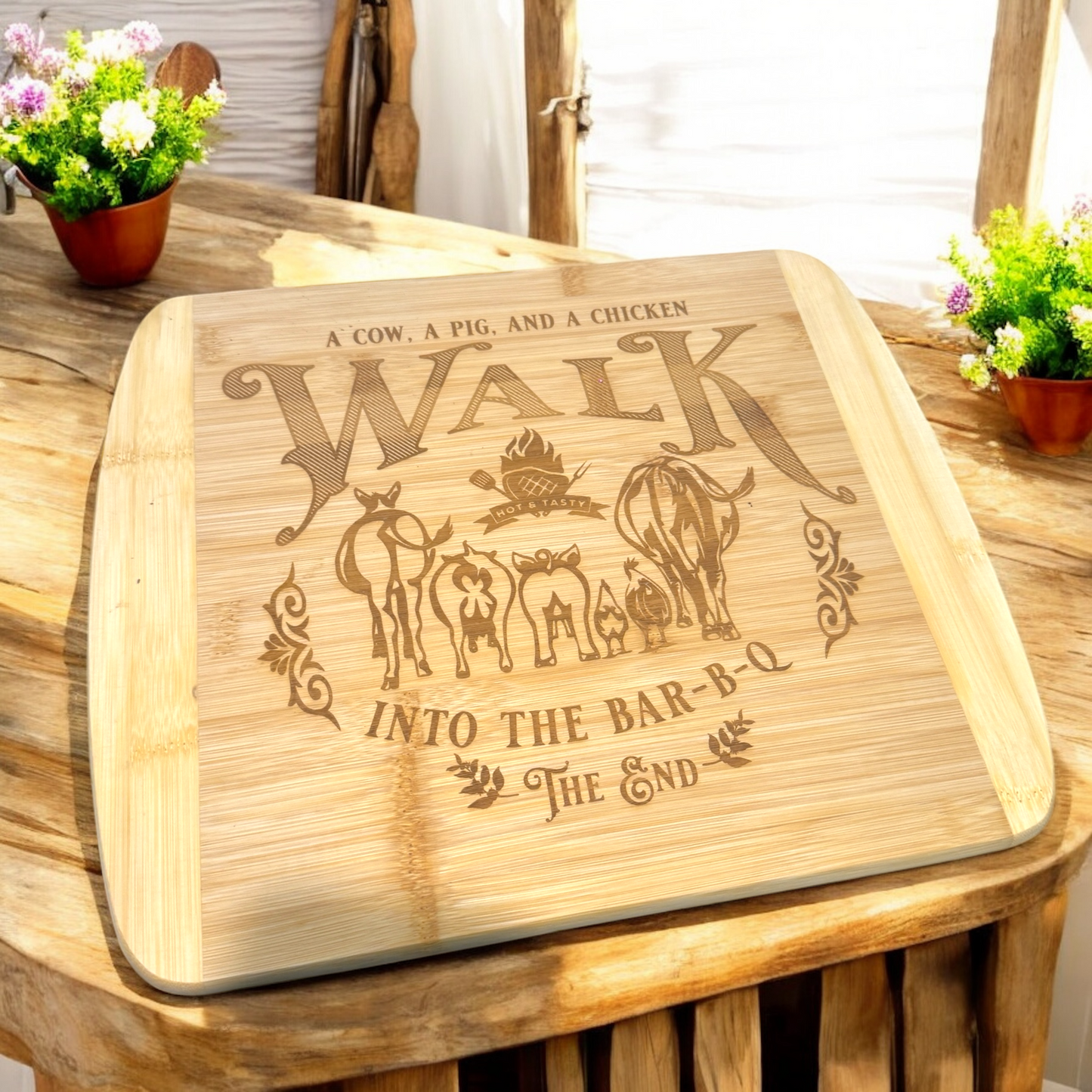 Bamboo cutting board with engraved barnyard animals and “WALK INTO THE BAR-B-Q”