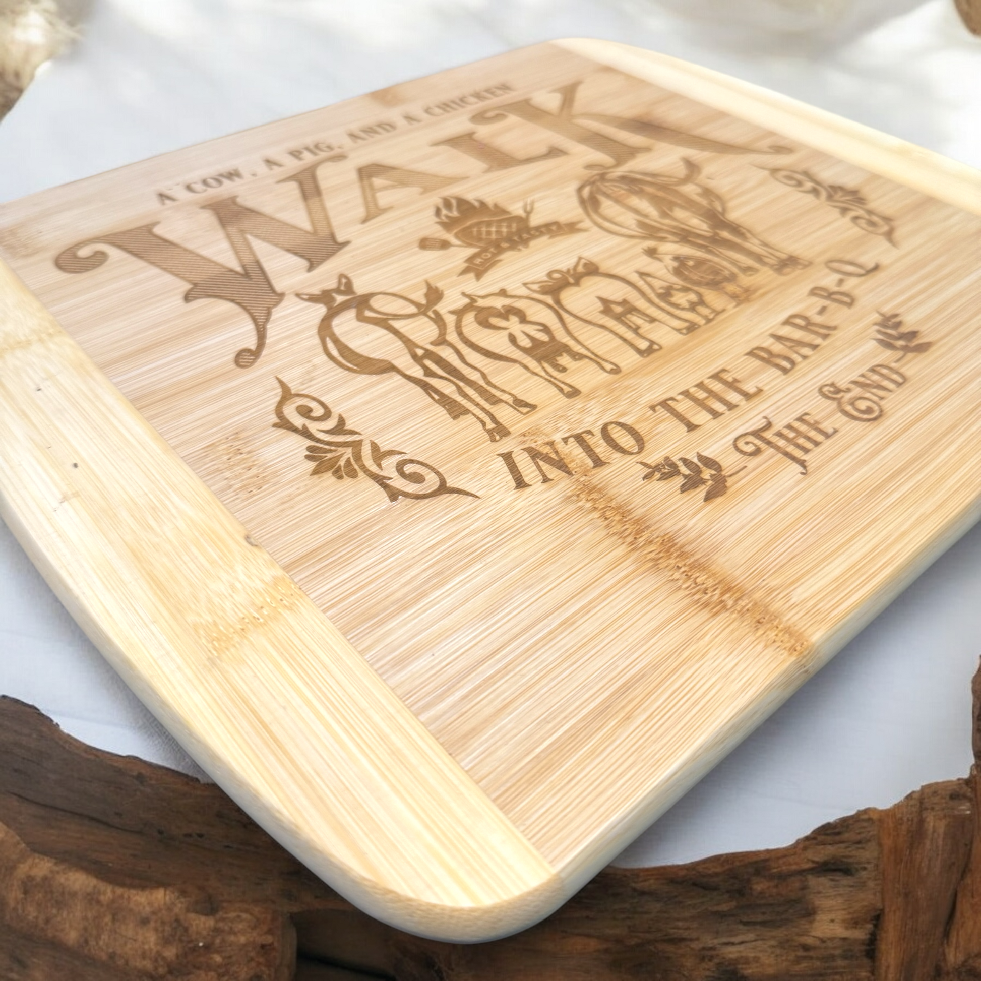 Bamboo cutting board engraved “WALK INTO THE BAR-B-Q” with barnyard animal artwork