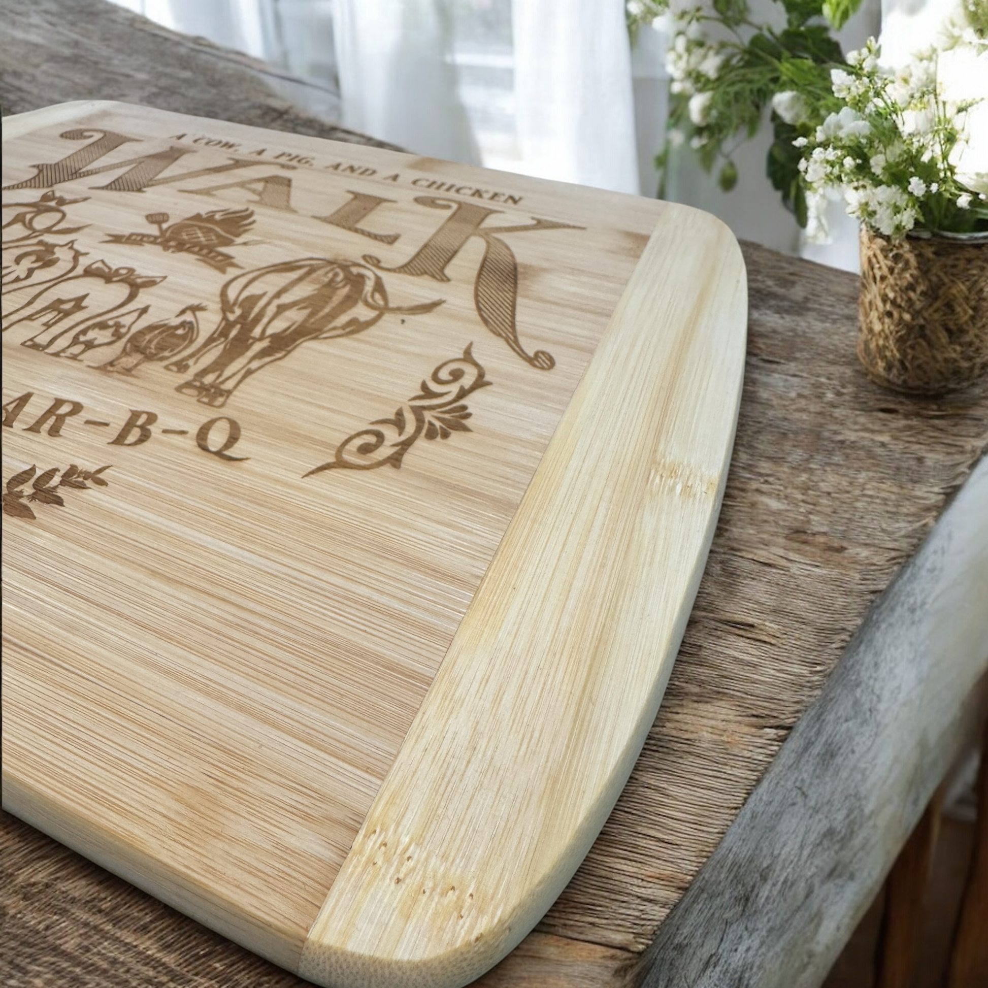 Bamboo cutting board with corner engraving and large “WALK” lettering, wood grain visible