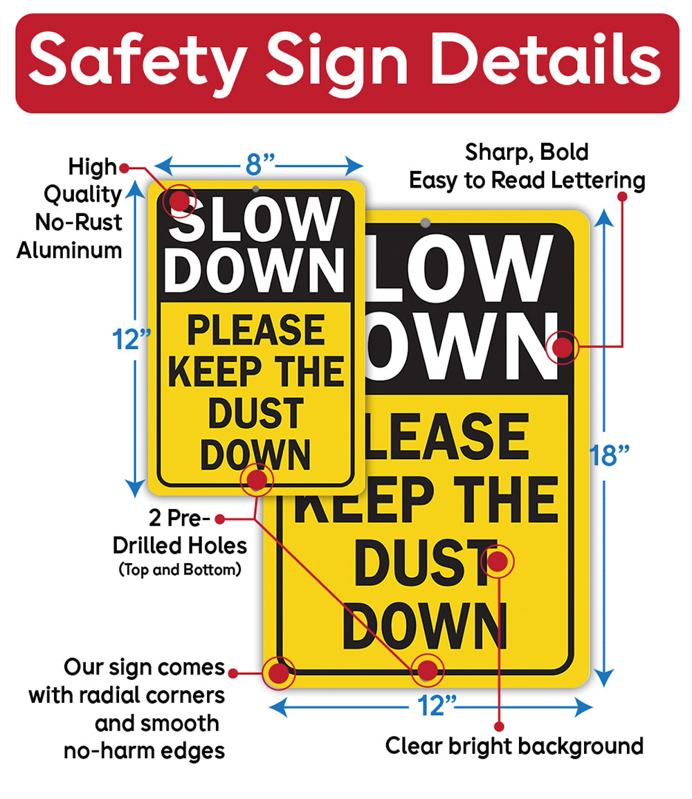 Safety sign diagram featuring “SLOW DOWN” and “PLEASE KEEP THE DUST DOWN”