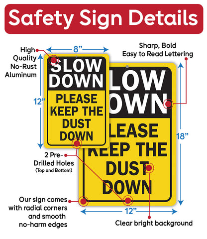 Safety sign diagram featuring “SLOW DOWN” and “PLEASE KEEP THE DUST DOWN”