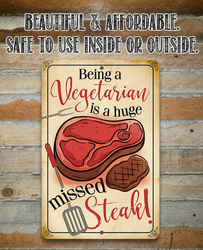 Vegetarian slogan metal sign with red steak and grill steak, gold-framed vintage print.