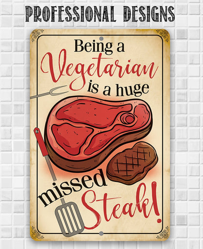 Vegetarian slogan metal sign with red steak and brown grill steak, gold-framed vintage print.