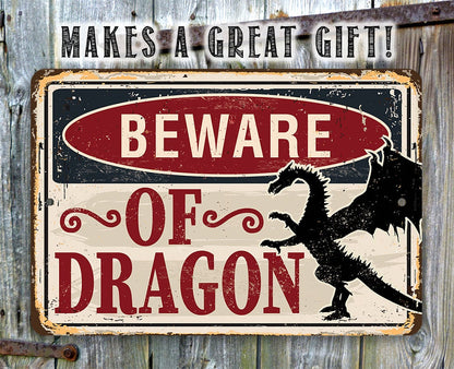 Distressed “BEWARE OF DRAGON” metal sign on rustic wood background