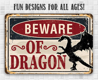 “BEWARE OF DRAGON” rectangular metal sign with dragon silhouette on white wall