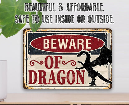 “BEWARE OF DRAGON” rectangular metal sign with dragon and ornate red text