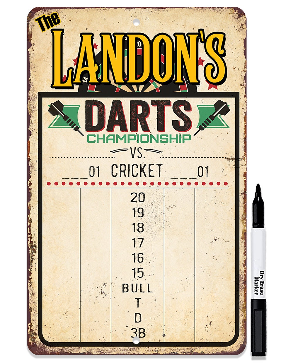 Beige personalized dart scoreboard dry erase metal sign with Landon’s Darts Championship text