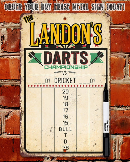 Beige personalized dart scoreboard dry erase metal sign with Landon’s Darts Championship design