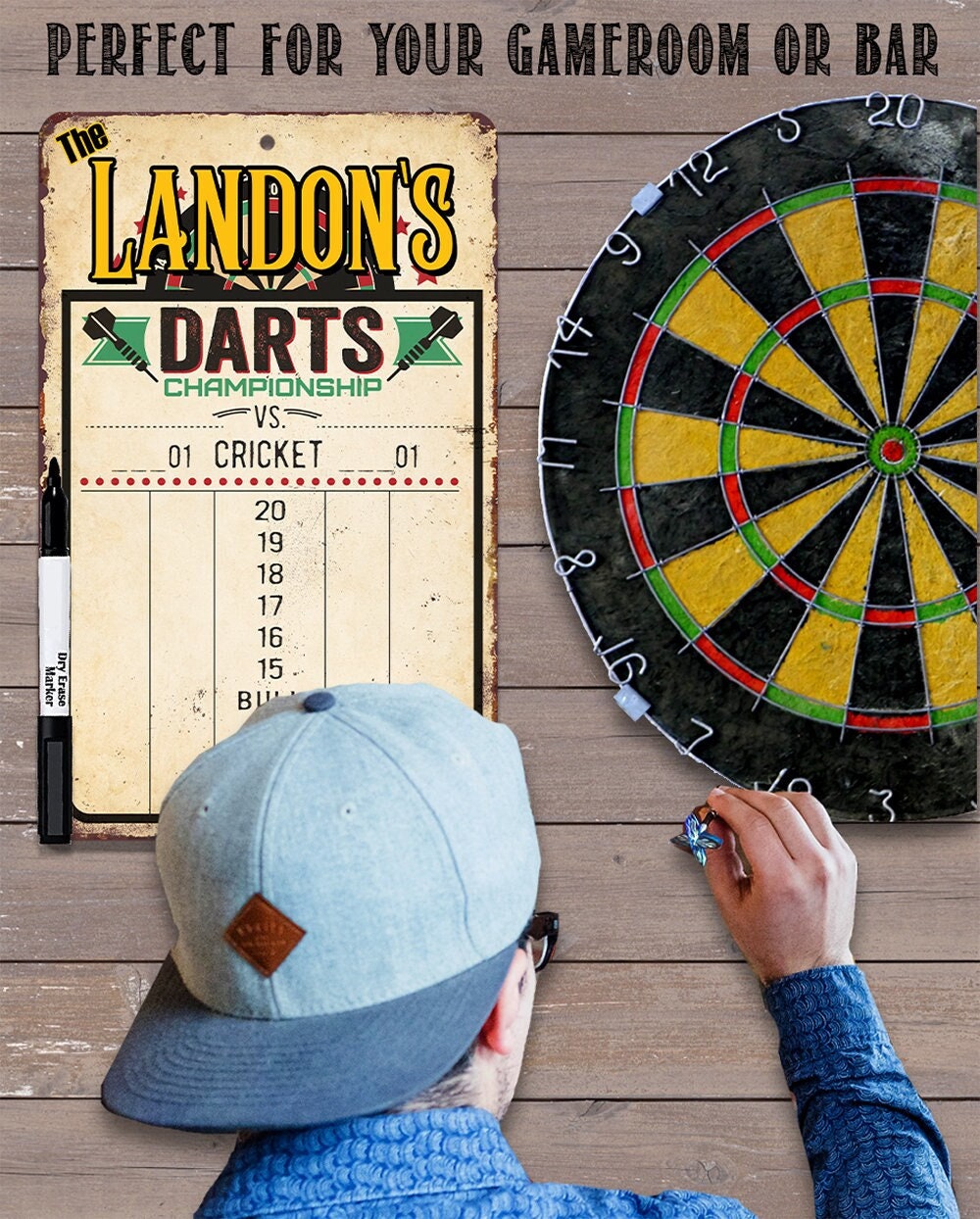 Beige personalized dart scoreboard dry erase metal sign with Landon’s Darts Championship and marker