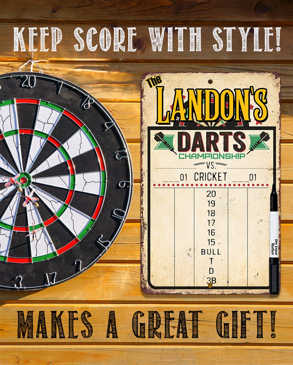 Beige personalized dart scoreboard dry erase metal sign with Landon’s Darts Championship on display