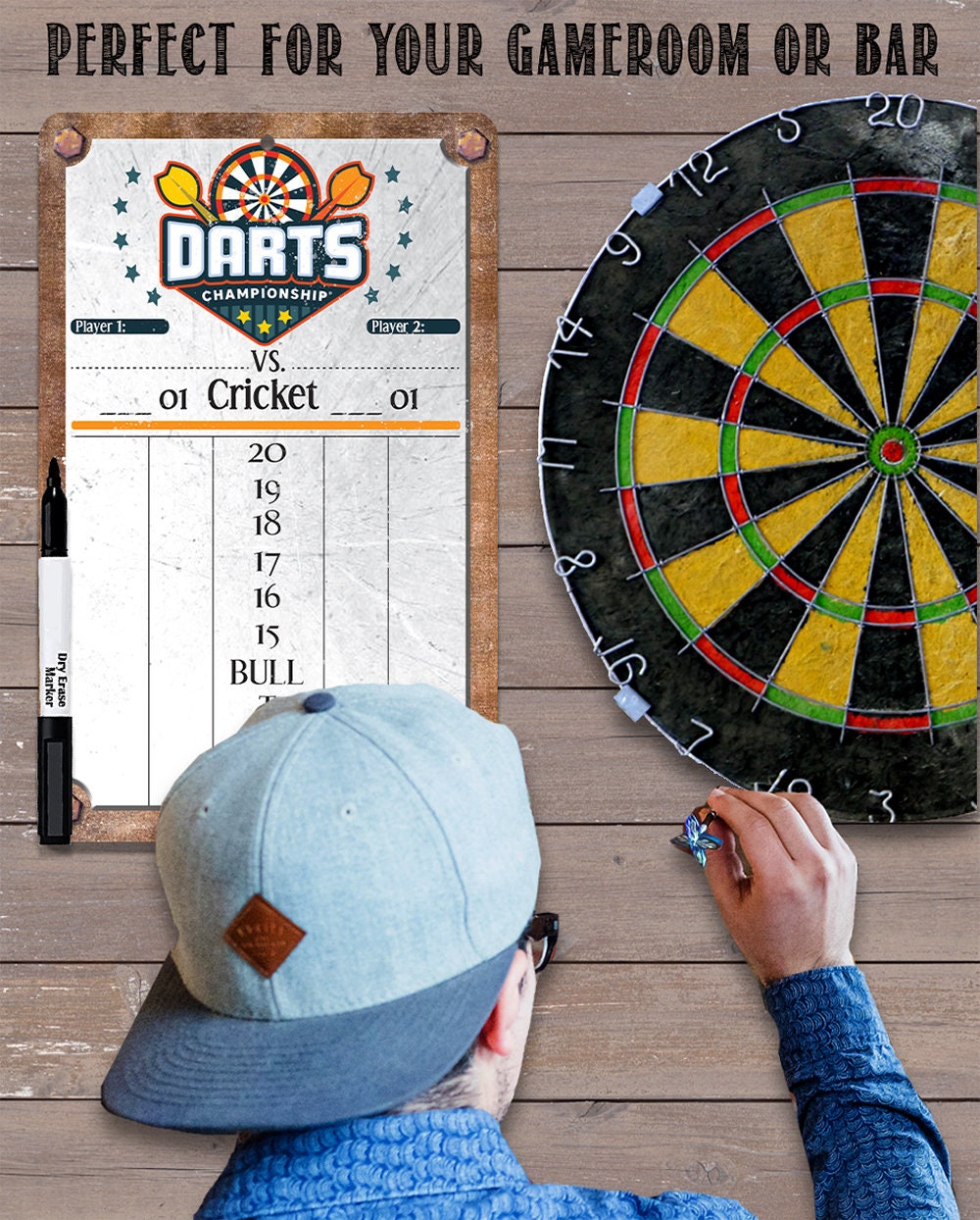 Dart dry-erase metal scoreboard on wall next to dartboard, with marker
