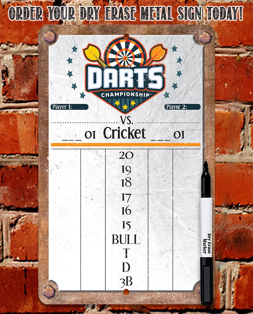 Dart championship grey dry-erase metal scoreboard with mounted marker
