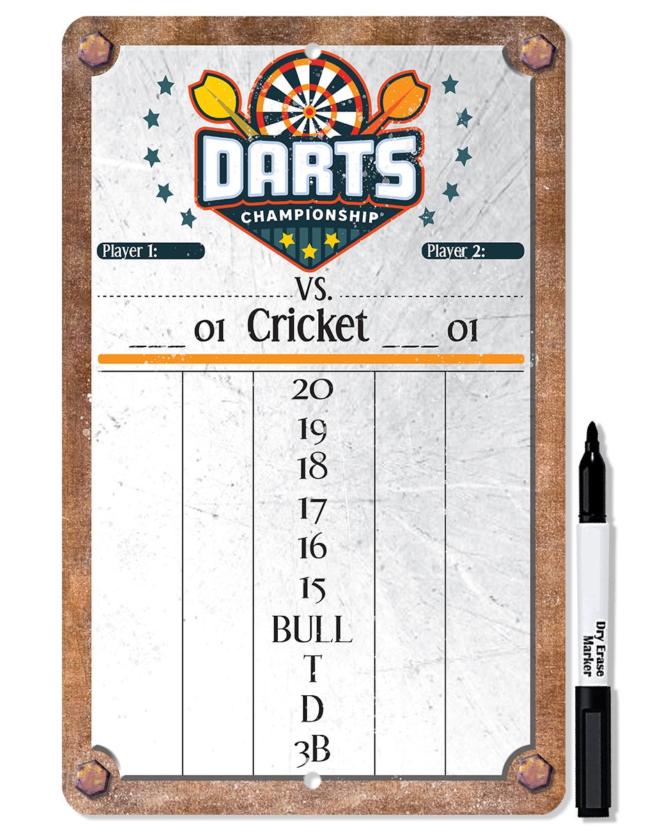 Grey dart dry-erase metal scoreboard with corner grommets and score grid