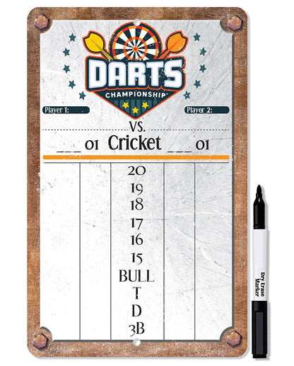 Grey dart dry-erase metal scoreboard with corner grommets and score grid