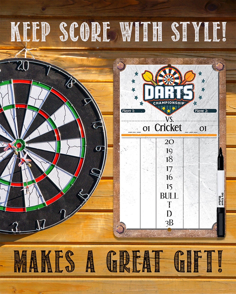Dart championship dry-erase scoreboard on wood with marker shown
