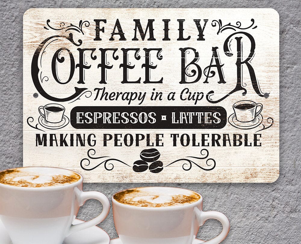 Family coffee bar metal sign with coffee bar lettering, flanked by two mugs