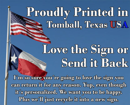 Family coffee bar sign promotion with American flags and "Proudly Printed" Tomball, Texas