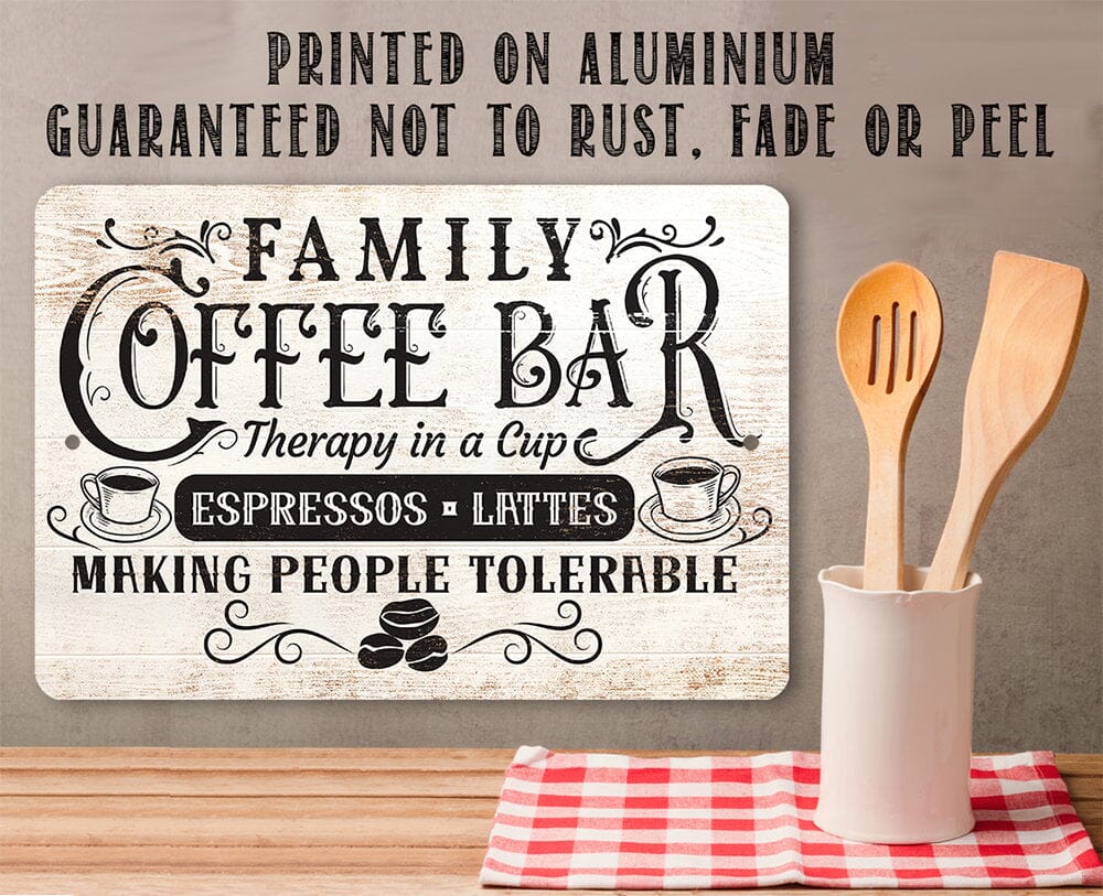 Family coffee bar metal sign with printed coffee bar text on aluminum and decorative cups