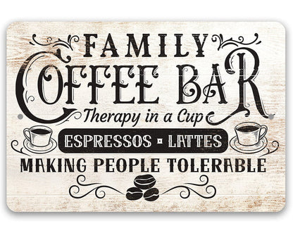 Family coffee bar metal sign, beige distressed look with "Therapy in a Cup" and coffee icons