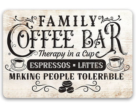 Family coffee bar metal sign, beige distressed look with "Therapy in a Cup" and coffee icons