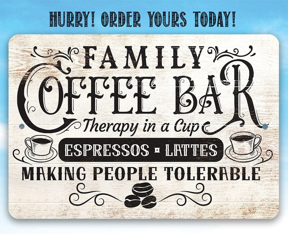 Family coffee bar metal sign in beige distressed finish with coffee cups and lettering