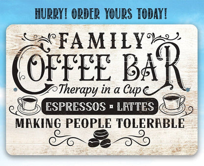 Family coffee bar metal sign in beige distressed finish with coffee cups and lettering