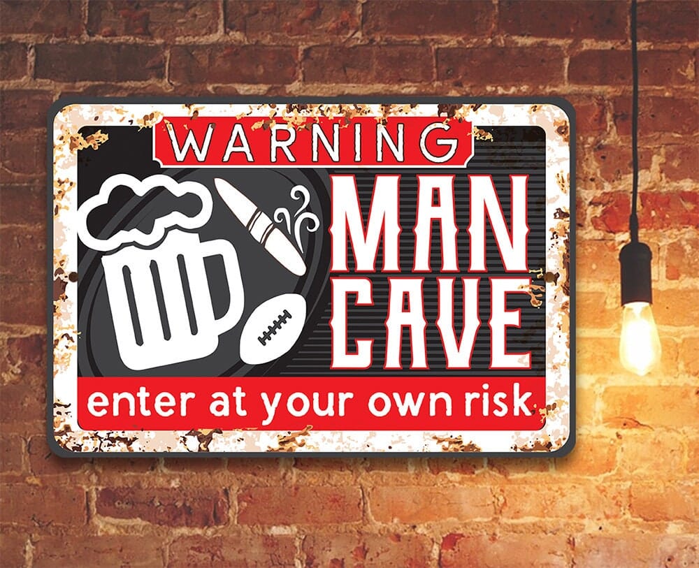Warning “Man Cave” metal sign with beer and tool icons and “Enter at your own risk”