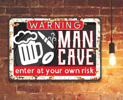 Warning “Man Cave” metal sign with beer and tool icons and “Enter at your own risk”