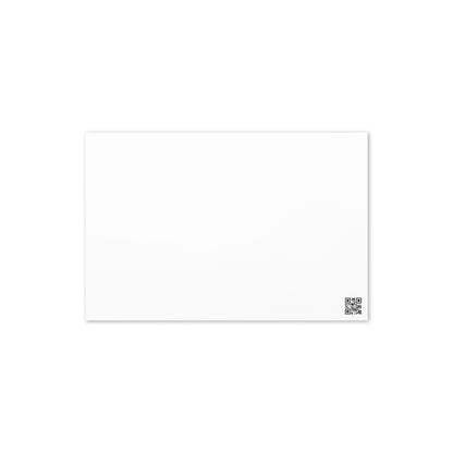 Blank greeting card with small QR code on front, white