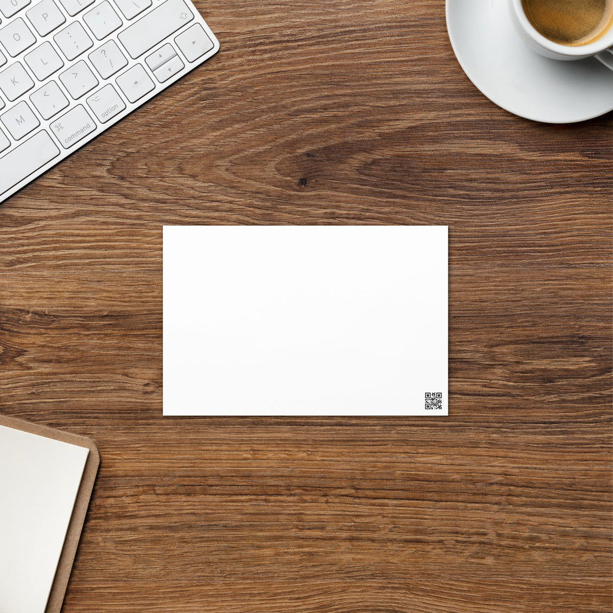 White blank greeting card back with small barcode-style mark near bottom-right