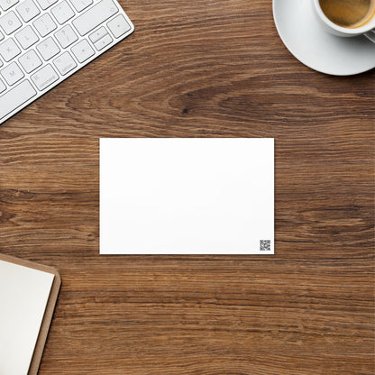 White blank greeting card back with small barcode-style mark near bottom-right
