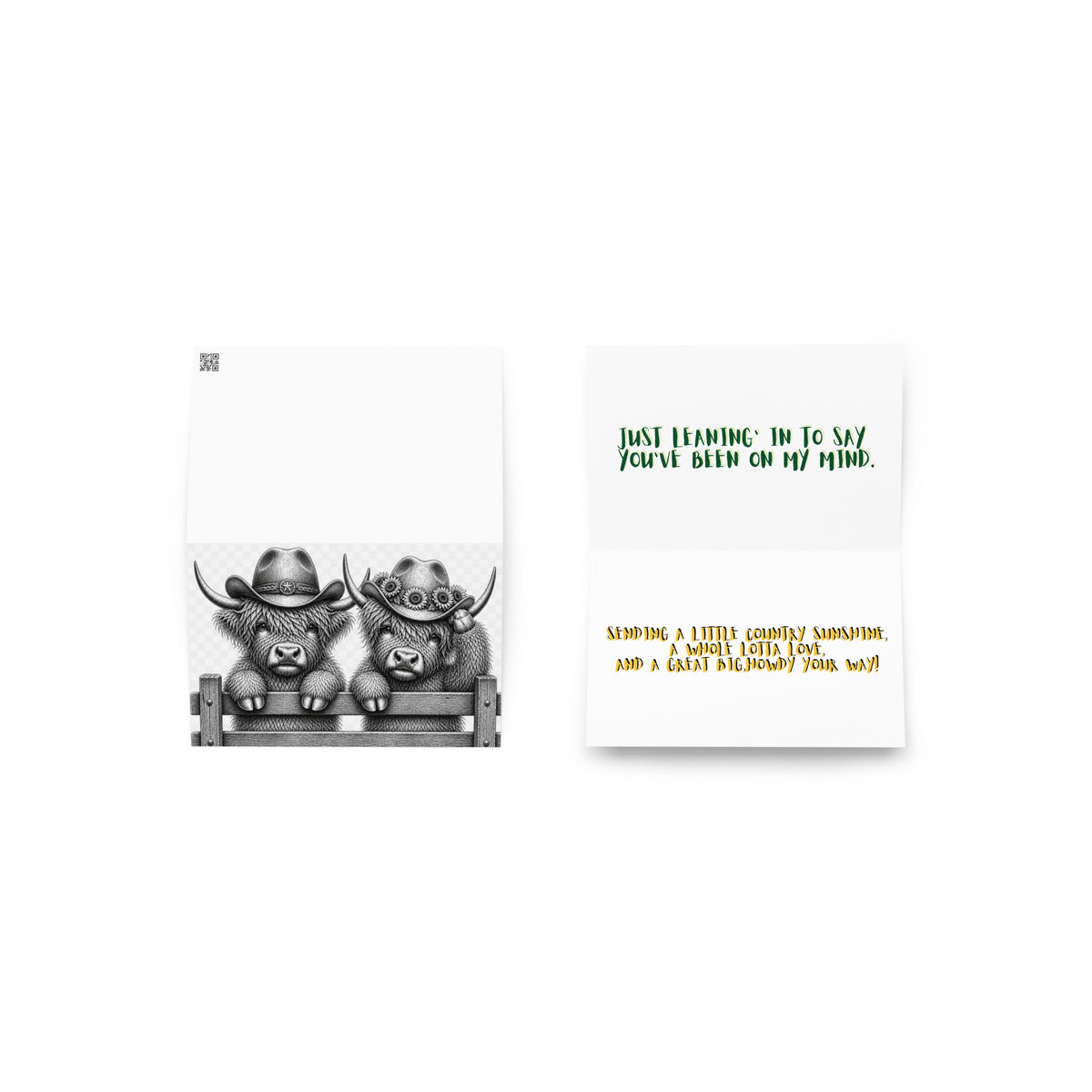 Opened greeting card showing grayscale cowboy cow illustration and poem text