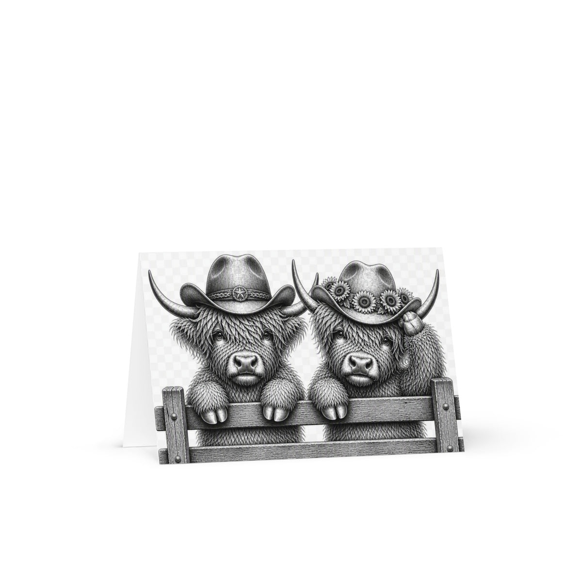 Greeting card front with two grayscale cowboy cows and fence illustration