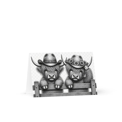 Greeting card front with two grayscale cowboy cows and fence illustration