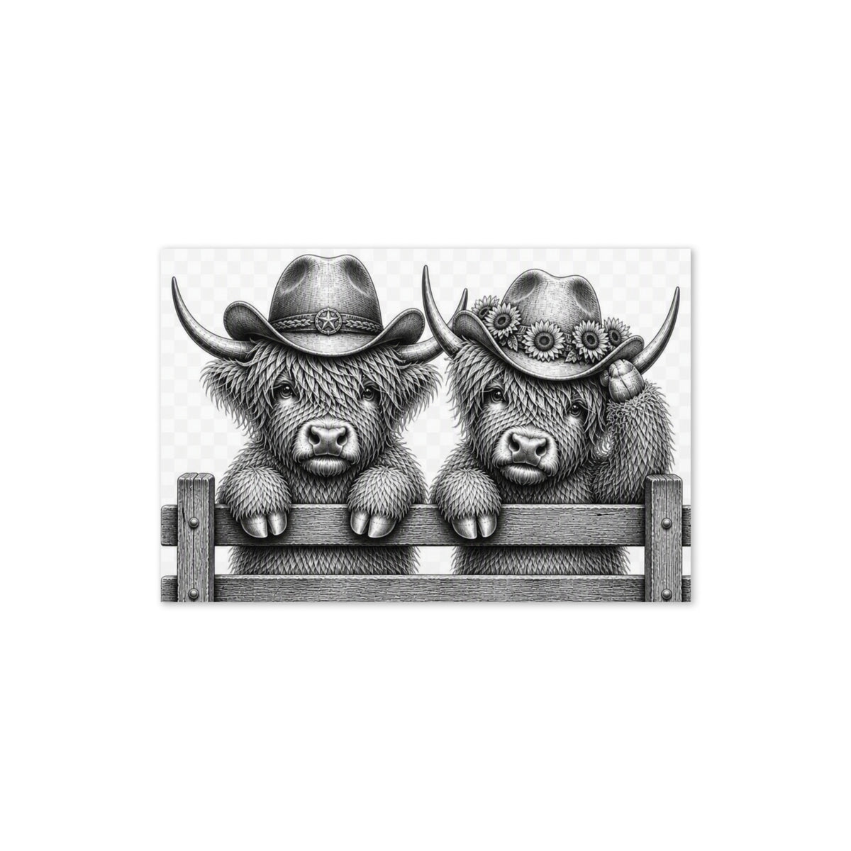 Greeting card with centered black-and-white highland cows in cowboy hats behind a fence
