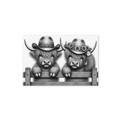 Greeting card with centered black-and-white highland cows in cowboy hats behind a fence