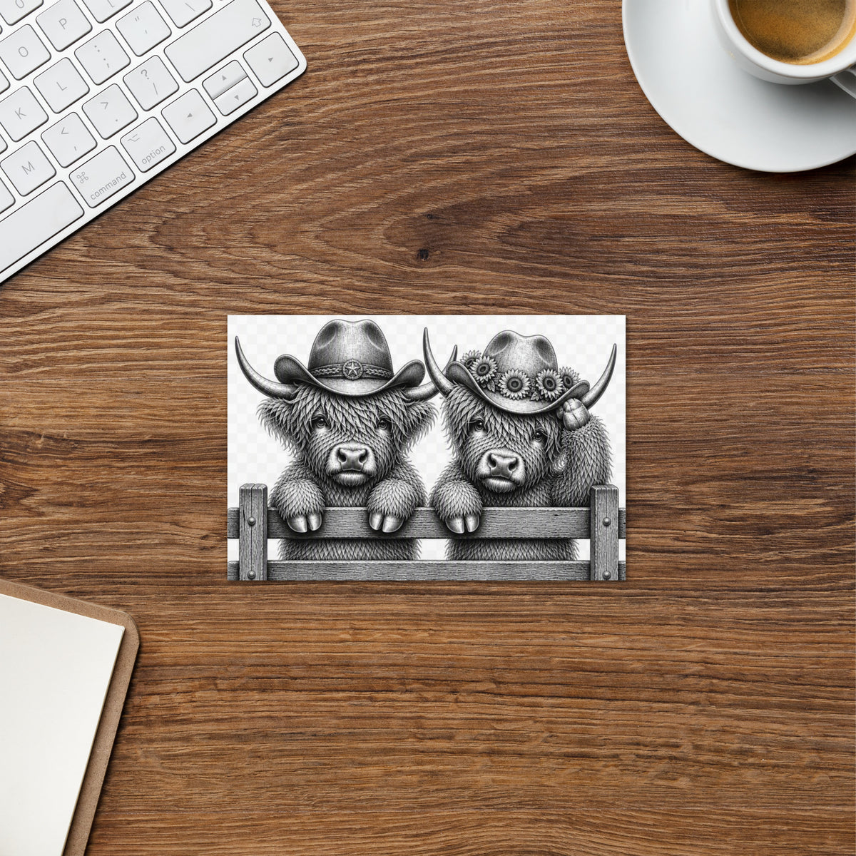 Western greeting card showing two highland cows in hats sitting behind a fence