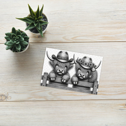 Western greeting card featuring two gray highland cows wearing cowboy hats on a fence