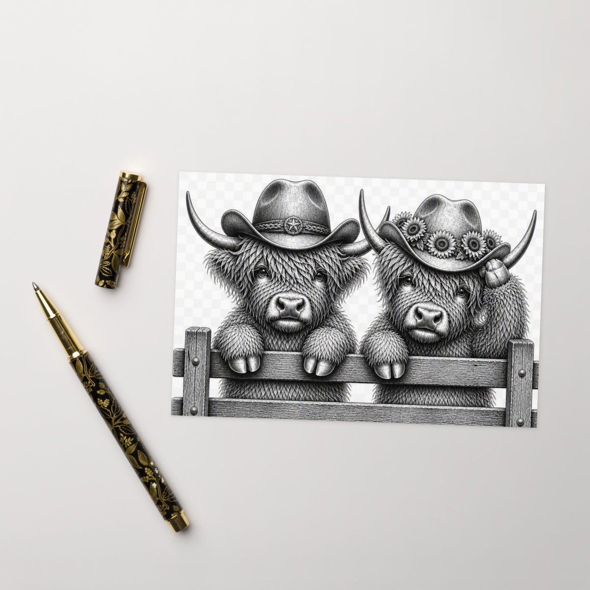 Highland cow couple greeting card illustration with cowboy hats on a wooden fence