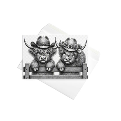 Western greeting card showing two gray highland cows wearing cowboy hats on a fence