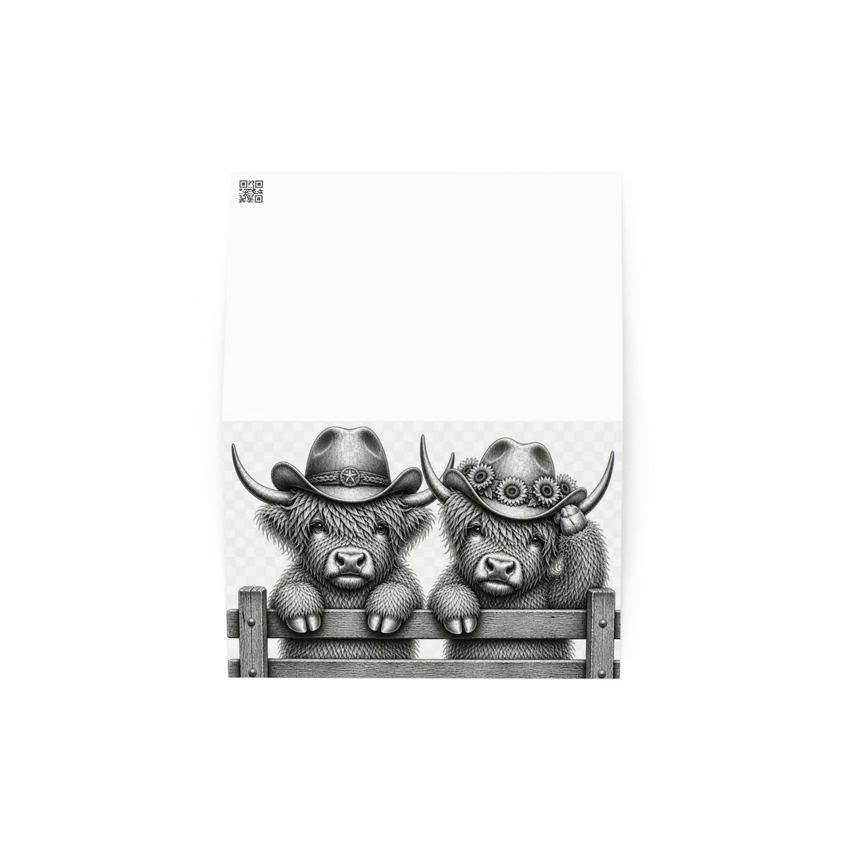 Greeting card with QR code above grayscale cowboy cow and fence illustration
