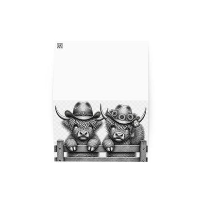Greeting card with QR code above grayscale cowboy cow and fence illustration