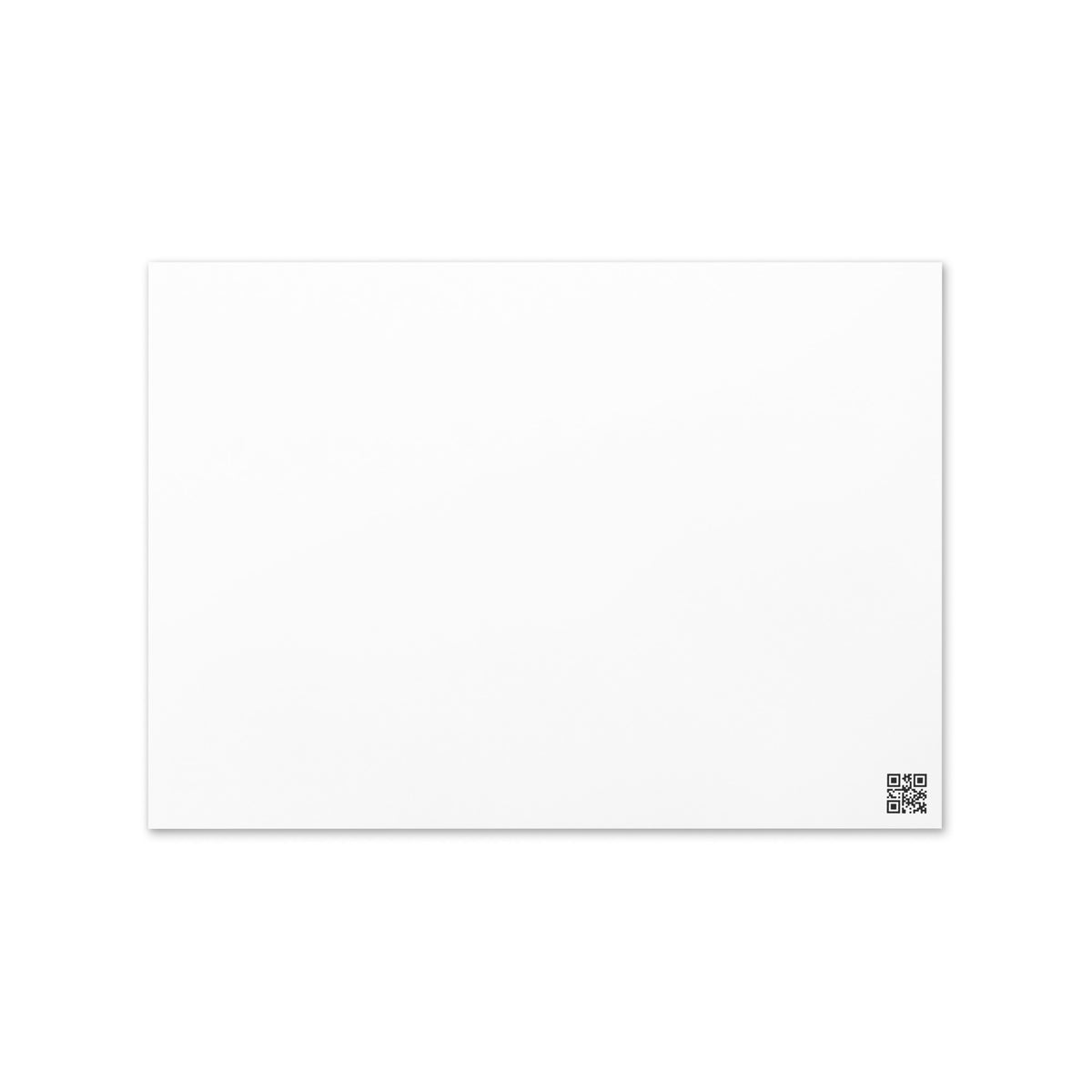 Blank white greeting card with small QR code near bottom right