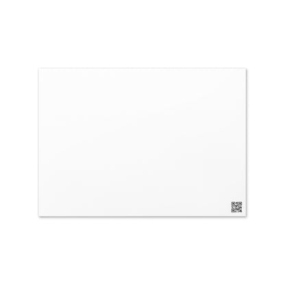 Blank white greeting card with small QR code near bottom right