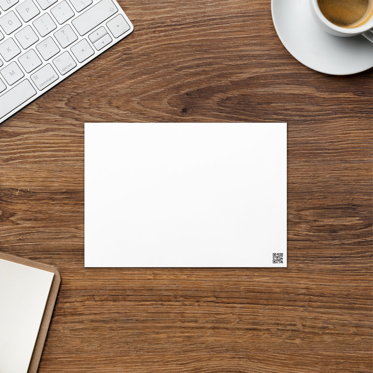 White blank greeting card with small barcode-style mark at the bottom-right